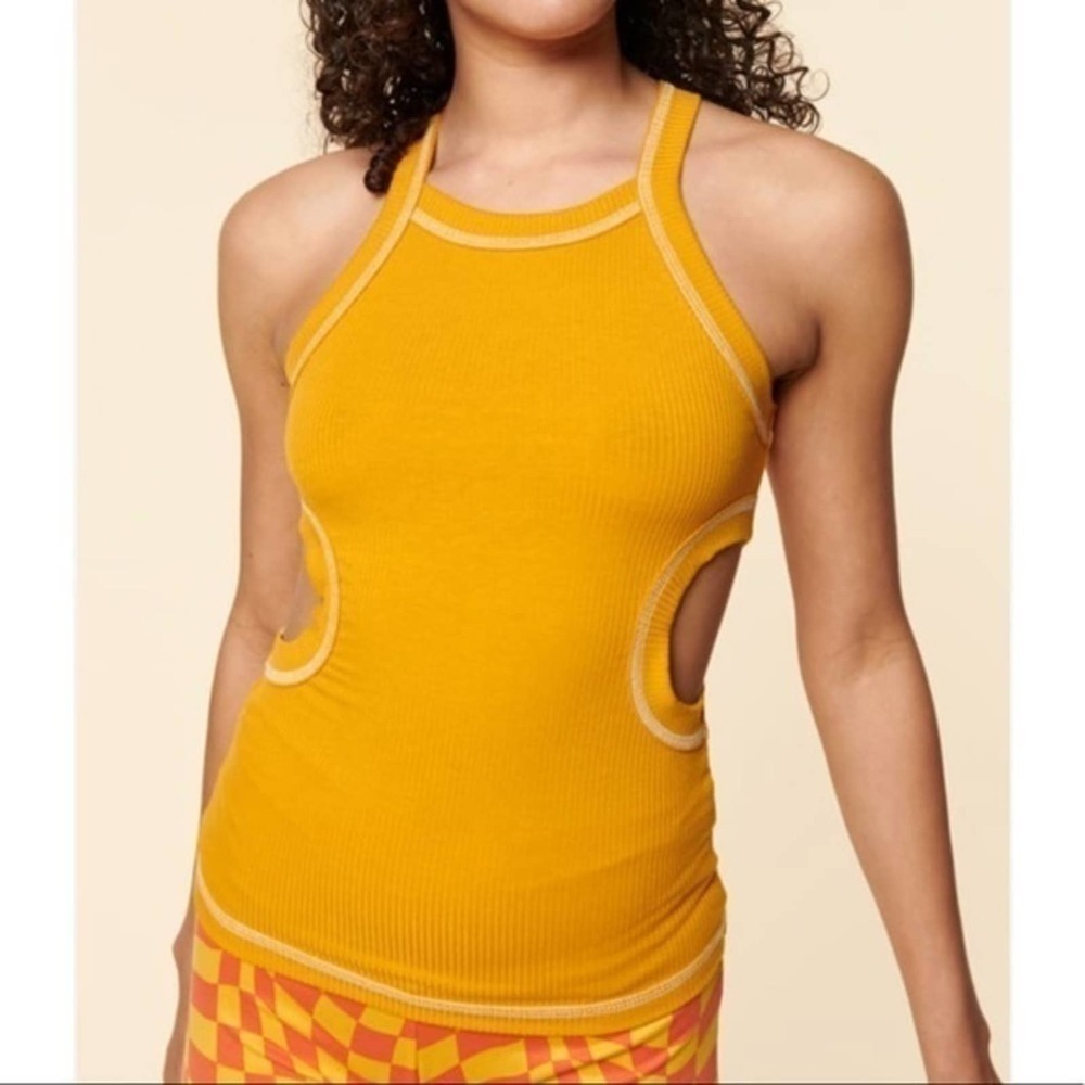Boho Mustard Cut Out Tank Top Casual Warm Weather Top Size Large - Picture 3 of 6